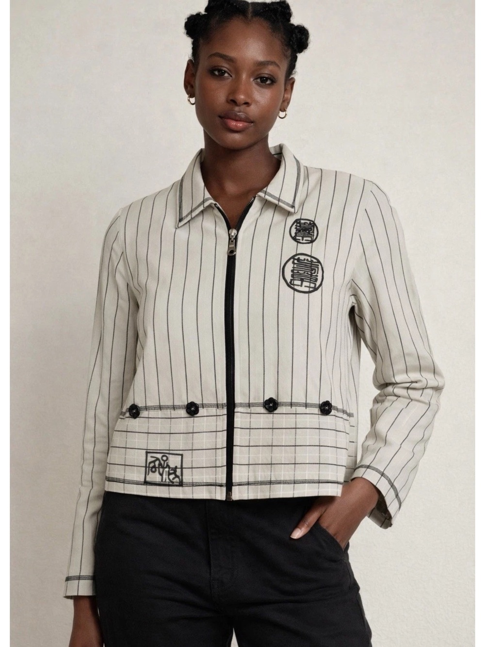 Nina Piccalino Artsy Cream and Black Pinstripe Zip-Front Jacket VINTAGE